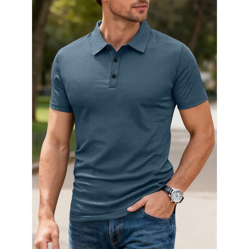 High-end Mesh Seersucker Ice Silk Short-sleeved Men's Lapel Summer Solid Color Large Size POLO Shirt Breathable Waffle Texture Men Lapel Short