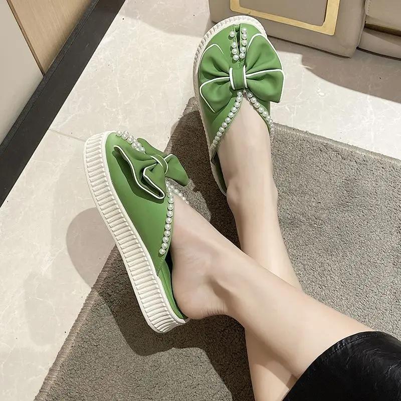Fashion Round Toe Fish Shoes Mules Home Slides with Bow Indoor House Off White Pearl Outside Cute Women's Slippers and Ladies Sandals W