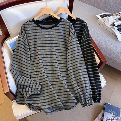 Plus Size Velvet Color Block Striped Long Sleeve T-shirt for Women - Autumn/Winter Loose Slimming Warm Top