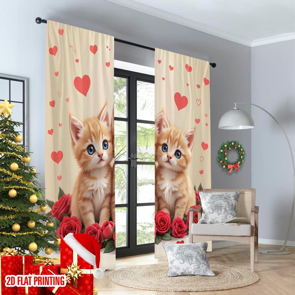 Flat Printing Scene Curtain Cute Kittens Red Roses Digital Printed Polyester Drapes Family Party Bedroom Living Curtains Set Of 2 Made Decor