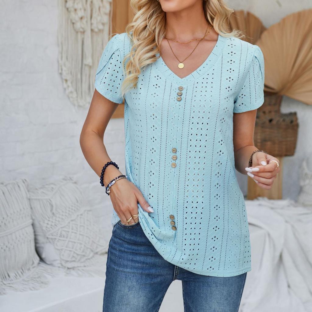Women's Fashion V-neck T-shirt Court Lock Hollow Short-sleeved Casual Tops