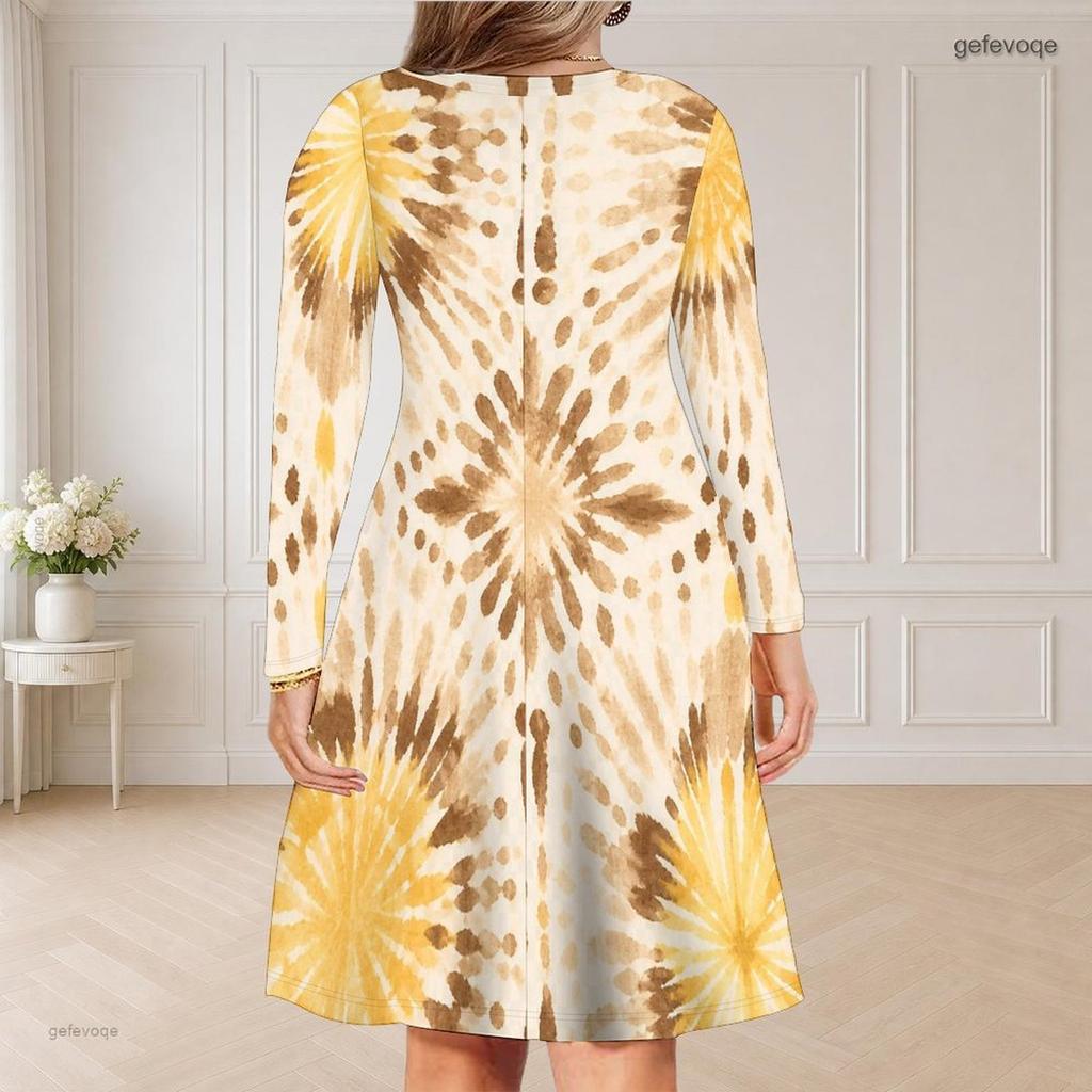 Women Plus Size V Neck Long Sleeve Abstract Printed Curved Hem Dress