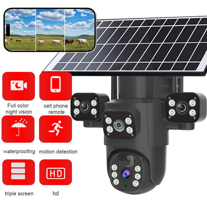 4G Solar Outdoor Camera: Full Color Night Vision, Voice Intercom, Waterproof, 3-Lens