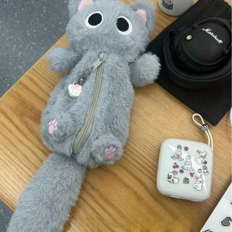 Gray Plush Kitten Pencil Case High Value Cute Desktop Cartoon Large Capacity Student Milk Fufu Stationery Storage Bag