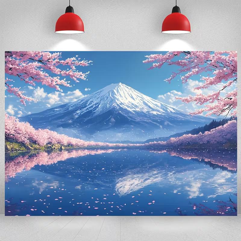 2D Japanese Cherry Blossom & Mount Fuji Photo Backdrop for Travel & Spring Events