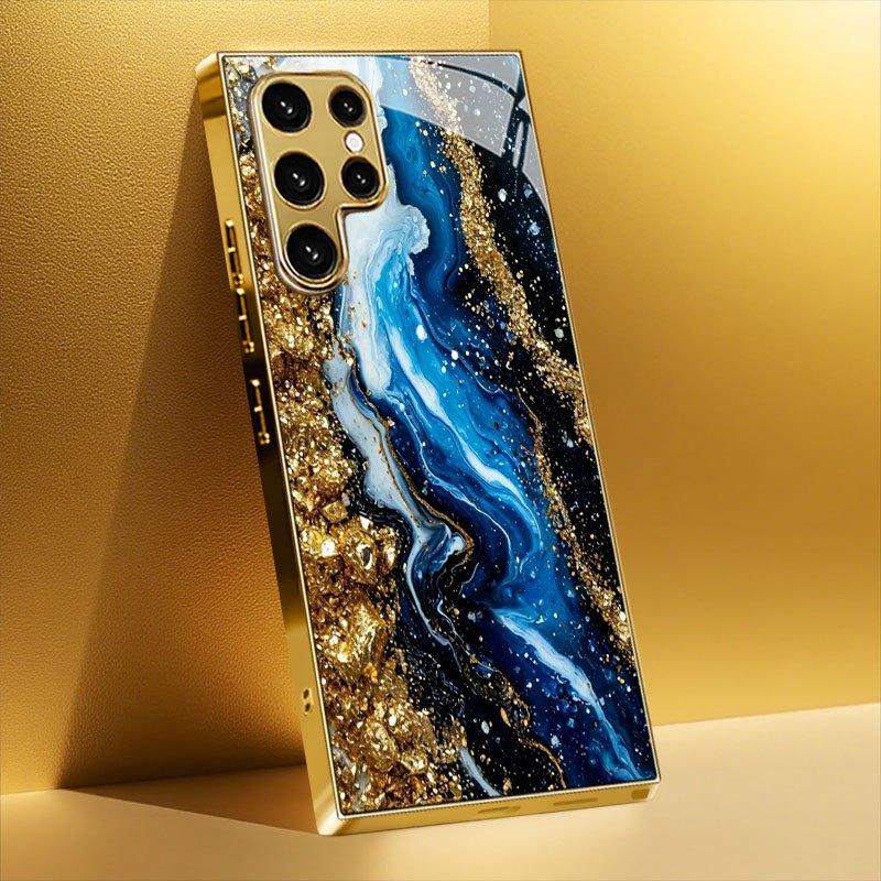 

Позолоченный чехол для телефона из закаленного стекла, совместимый с Galaxy S26 S25 S24 S23 S22 Ultra Plus. Имеет золотисто-синюю текстуру. For Galaxy S26