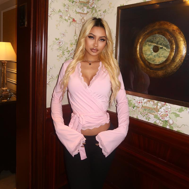

Women s Solid Color V-Neck Lace Lace Up Long Sleeve Slim Fit Tops Women’s L рожевий