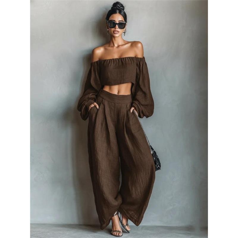 Damen 2-teiliges Outfit Off-Shoulder Puffärmel Crop Top Hohe Taille Weiter Bein Hose Leinen Passende Sets Lässiger Urlaubsanzug