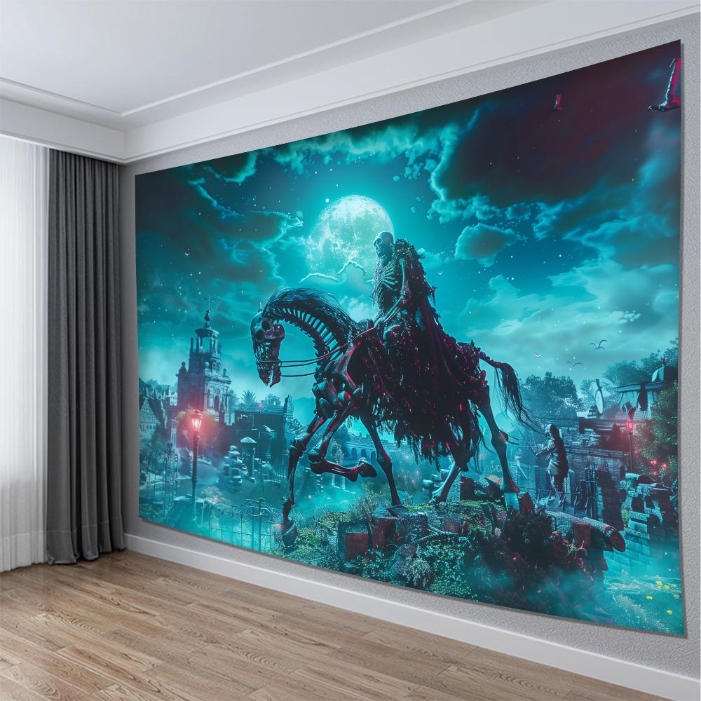 Skeleton Rider and Horse Tapestry 2D Digital Print Polyester Wall Hanging Living Room Bedroom Office Decor with Hooks