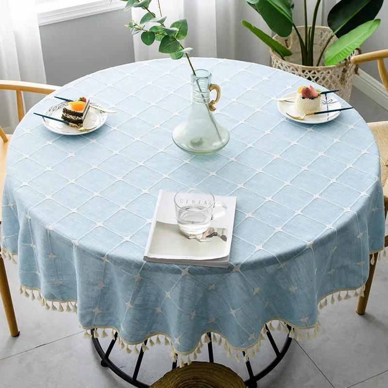 Solid Embroidery Lattice Tablecloth Cotton Linen Dust-Proof Checkered Table Cover For Kitchen Dinning Tabletop Decoration