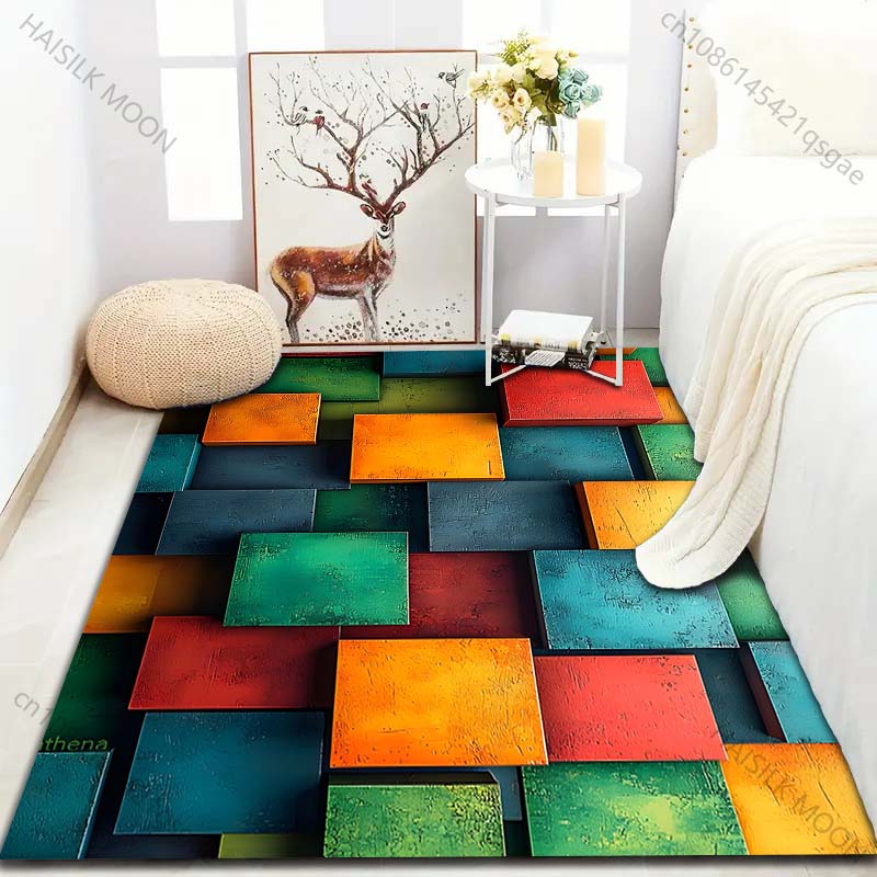 3D Farbwürfel Kunstmuster Teppich für Wohnzimmer Schlafzimmer Bettseite Sofa Bodenmatte Modernes Wohndekor Bereichsteppich Große Größe