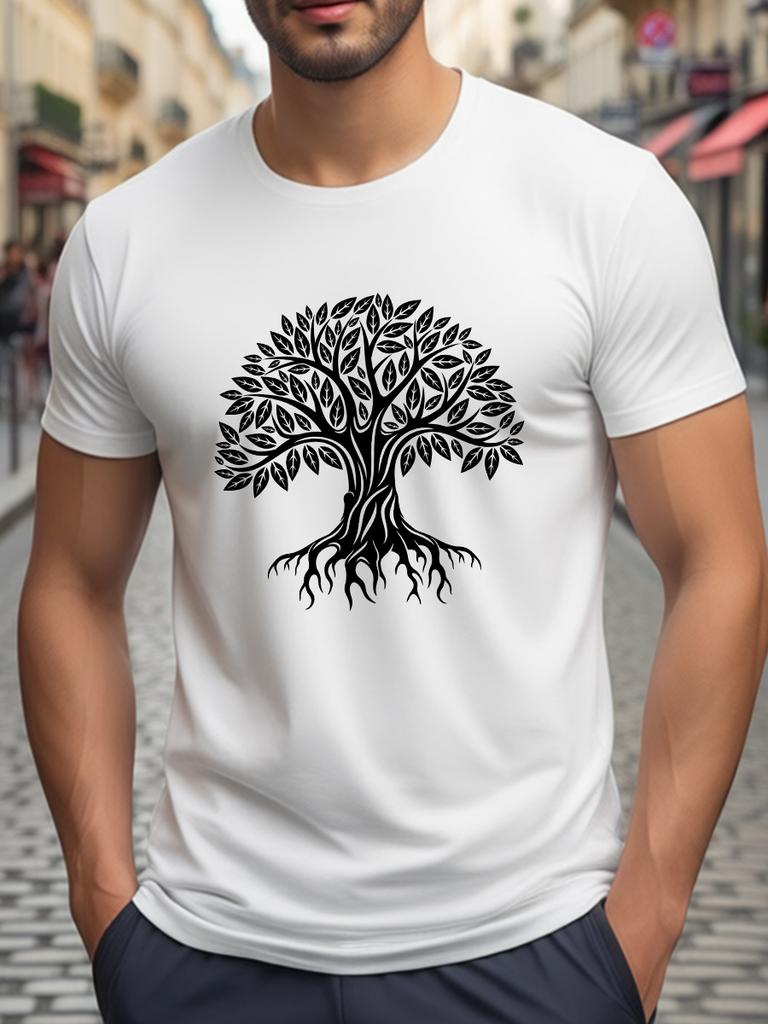White Short Sleeve T-Shirt with Intricate Black Tree of Life Pattern for Men, Casual Daily Wear