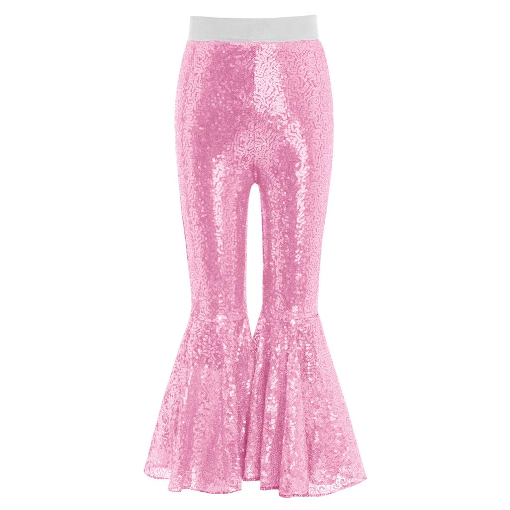 Girls Dance Performance Shiny Sequins Flared Pants Elastic Waistband Bell Bottom Trousers