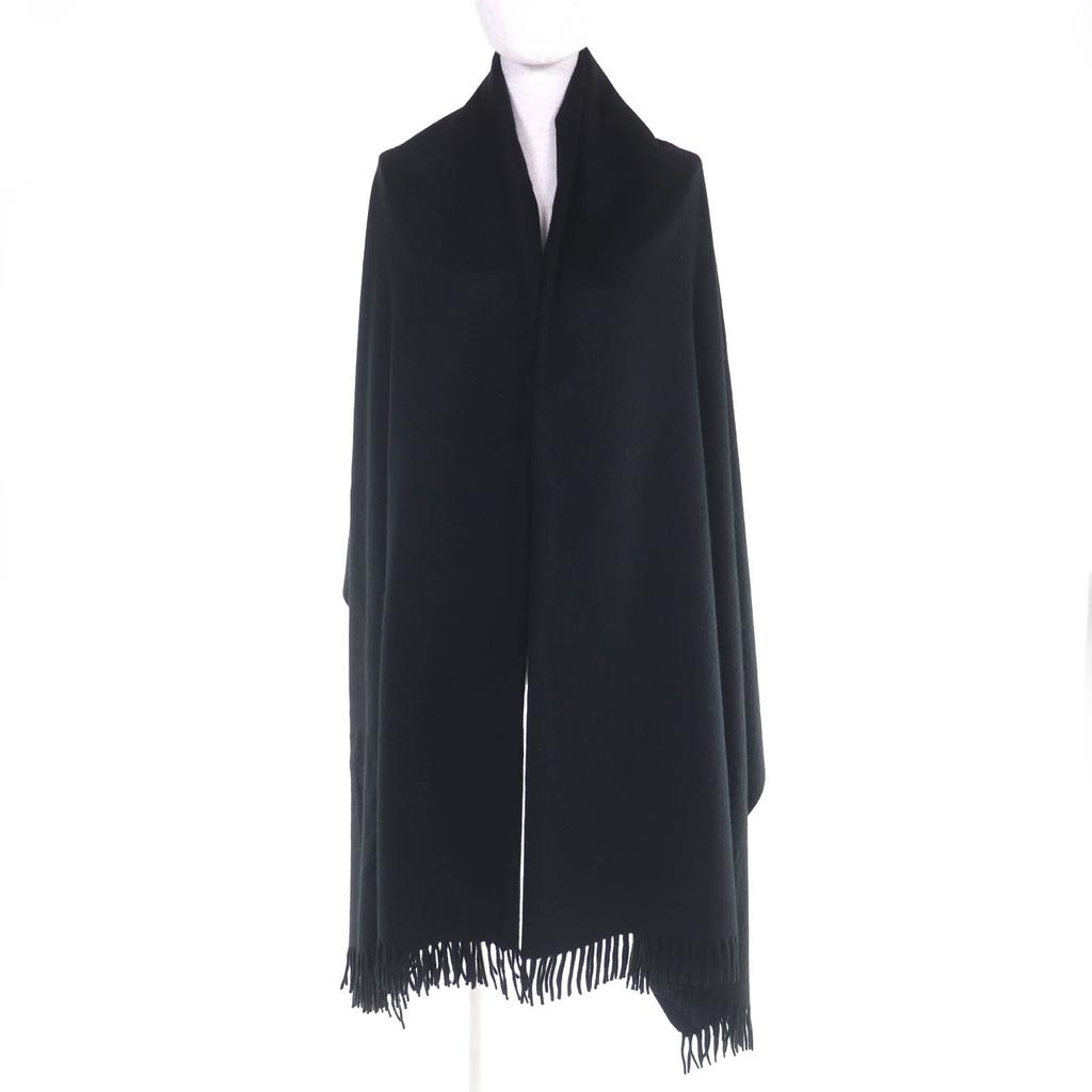 Great HERMES Logo embroidered fringe extra large shawl stole black cashmere Used