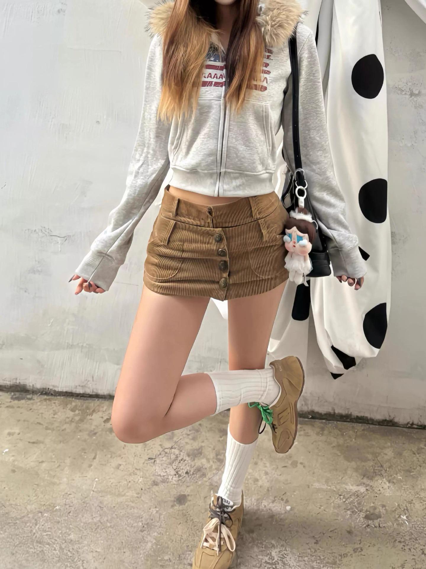 

Retro Double Waistband Corduroy Slimming Skirt - Women s Hip-Hugging Short Style Extra Large хаки