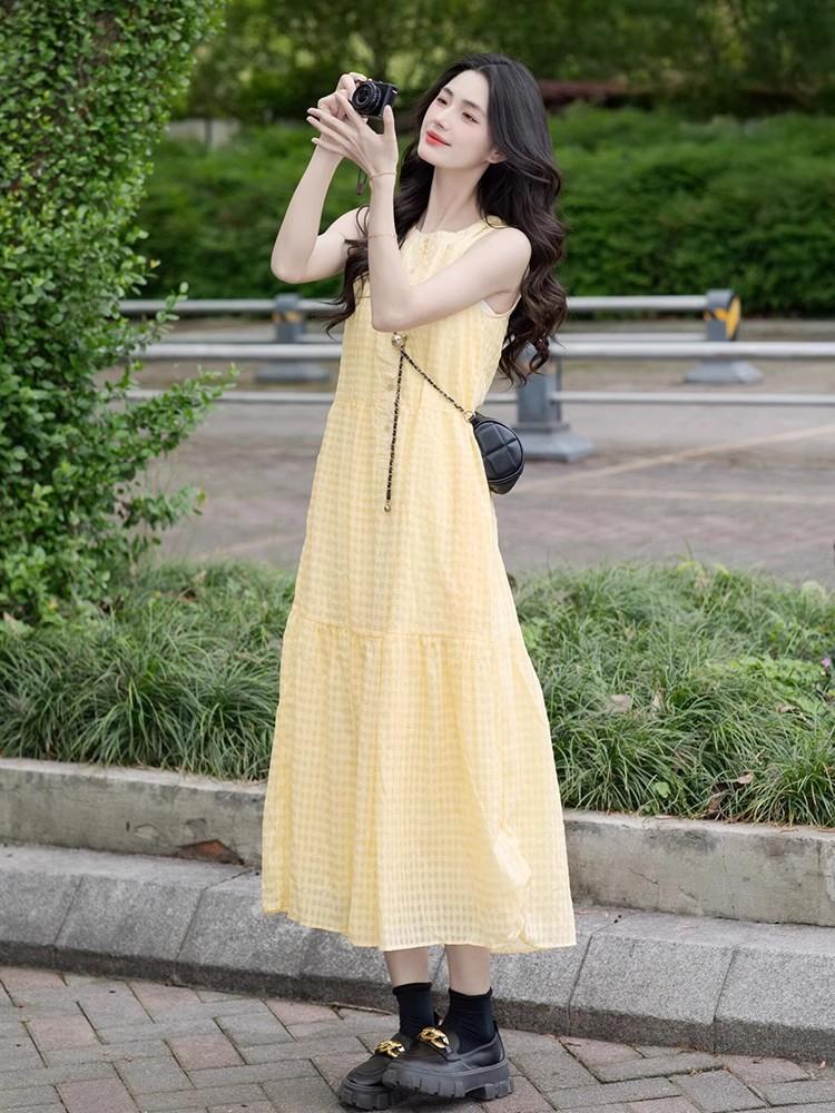 French Yellow Plaid Sleeveless Vest Dress Women's Summer A-word Long Dress Dopamine Seaside Vacation Skirt