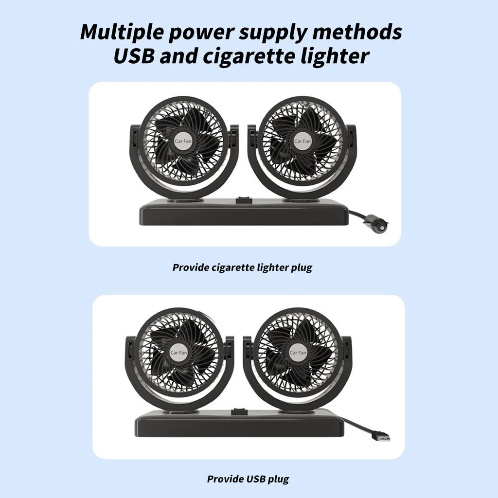 12V Double Motor Vehicle Fan, USB Car Air Ventilator with Two Speed Control, Horizontal and Vertical Adjustment Features