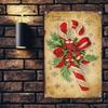 Vintage Christmas Iron Sign 12x8 Inch Candy Cane Holly Wall Decor Pre Drilled Hanging Weatherproof