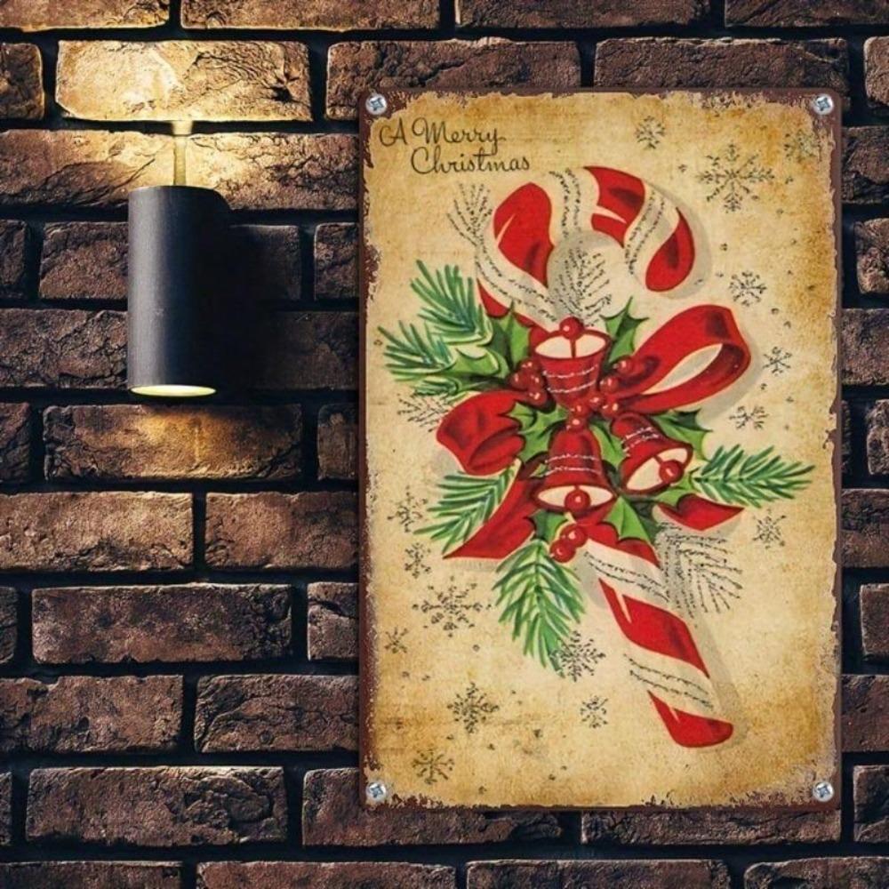 Vintage Christmas Iron Sign 12x8 Inch Candy Cane Holly Wall Decor Pre Drilled Hanging Weatherproof