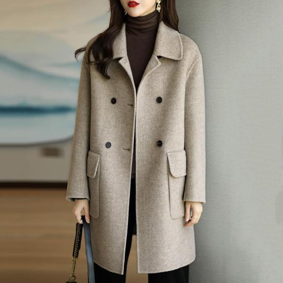 Women Jacket Turn-down Collar Long Sleeves Double-breasted Windbreaker Loose Pockets Mid Length Outdoor Travel Commuting Overcoat