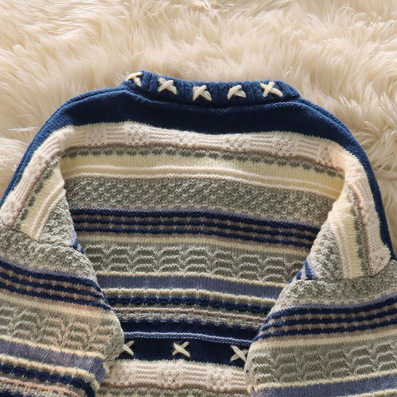 Chic Women's Vintage Color Block Knit Cardigan & High Waist Jeans Set for Autumn/Winter