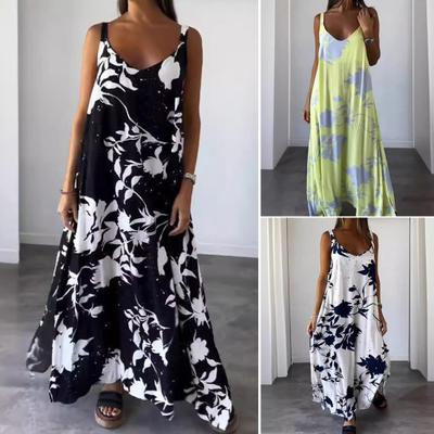 Καλοκαιρινό γυναικείο Sundress V λαιμόκοψη Αμάνικο πλάτη με λουλουδάτο τύπωμα Loose Contrast Χρώμα διακοπές σε στυλ παραλίας Casual