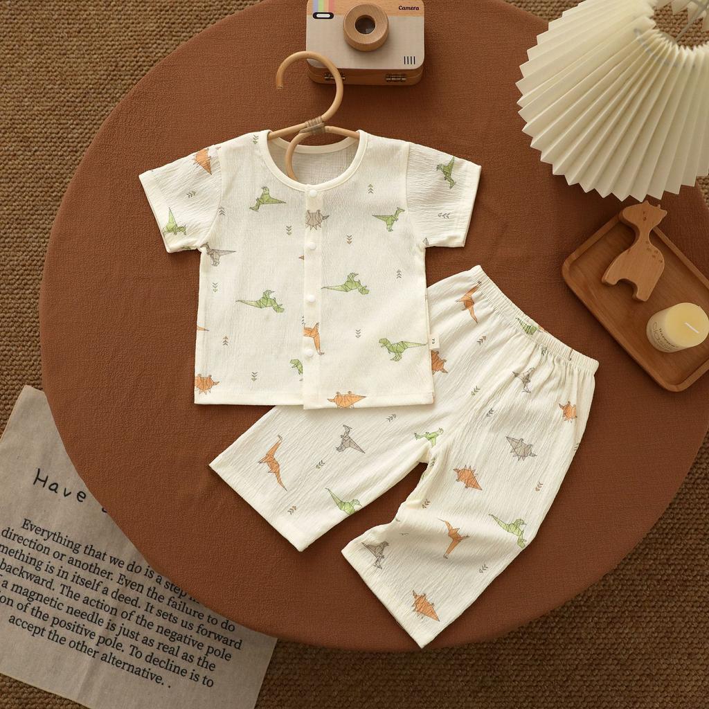 Baby And Children'S Clothing Infant Crinkled Cotton Set Seamless Home Wear Infant Clothes Air-Conditioning Suit Two-Piece Set