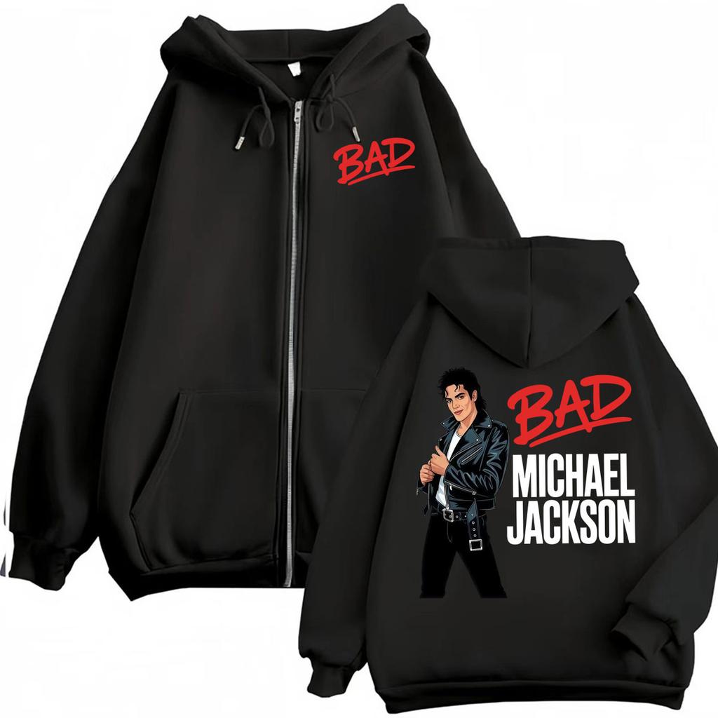 Re del Pop Michajackson Era Bad Felpa con Cappuccio e Zip Uomo Donna Harajuku Streetwear Giacca Felpa Pile Casual Zip-Up Pullover