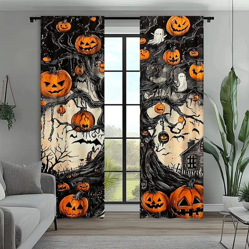 2PCS- Halloween Ghost Pumpkin Pattern Printed Curtains   Window Decorations   Home Decorations   Room Decorations