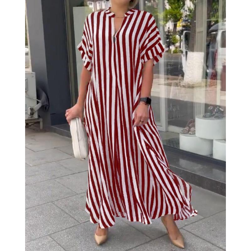 

Women s Short-sleeved V-neck Fashionable Side Slit Striped Loose Casual Long Dress Clothes Sale 5XL червоний