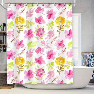 Helles Blumen-Duschvorhang-Set Modernes Rosa Gelbes Dekor für Badezimmer, Wasserdichtes Gewebe, Einfache Montage mit Haken Perfekt