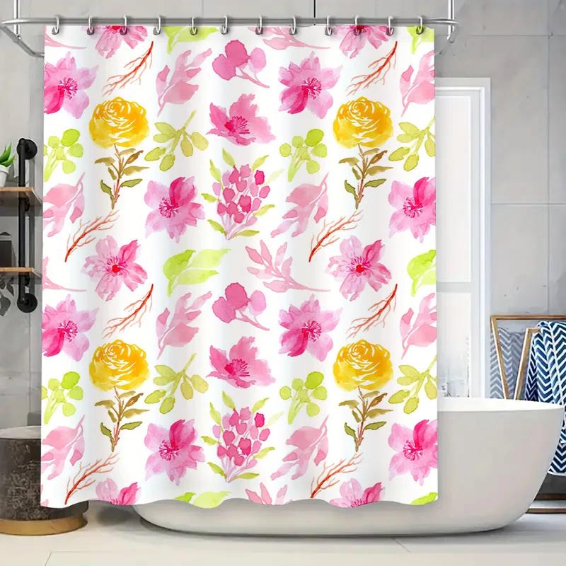 

Яркий Цветочный Набор Штор для Душа Современный Розово-Желтый Декор для Ванной Комнаты, Водонепроницаемая Ткань, Легкая Установка с Крючками Идеальный W90xH180cm