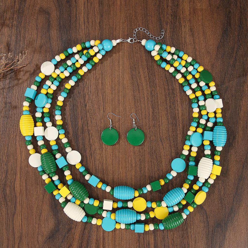 Bohemian Colored Geometric Multi-layer Wooden Beads Handmade Necklace Earrings Women Accessories
