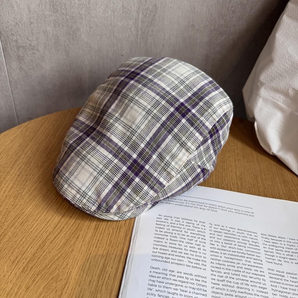 Women Grid Summer Beret Hat Short Brim Cotton Blend Material Sun Sunlight Block