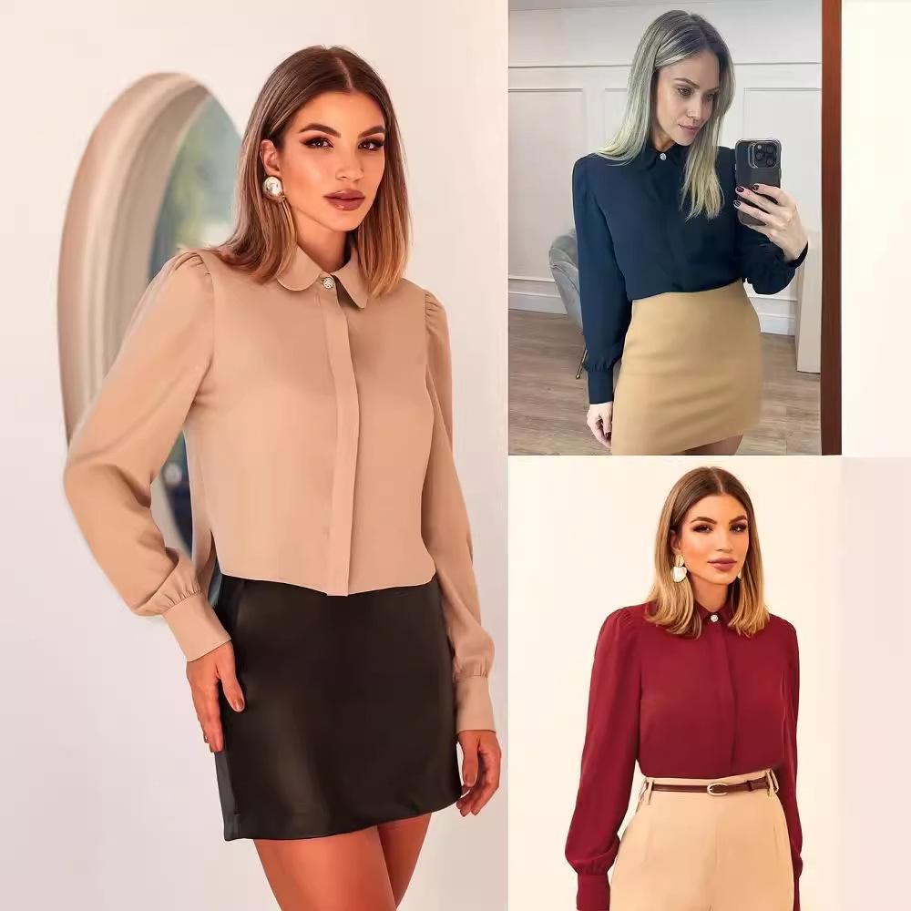 

2024 Autumn Women s Slim-Fit Long-Sleeve Solid Color Turn-Down Collar Shirt L багряний