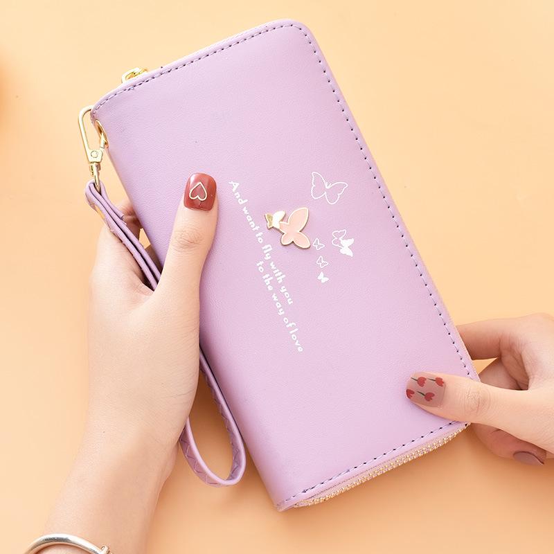 

Модный женский длинный кошелек 2021 года с изображением бабочки, двойной молнией и ремешком на запястье - большая вместимость для мобильного телефона фиолетовый