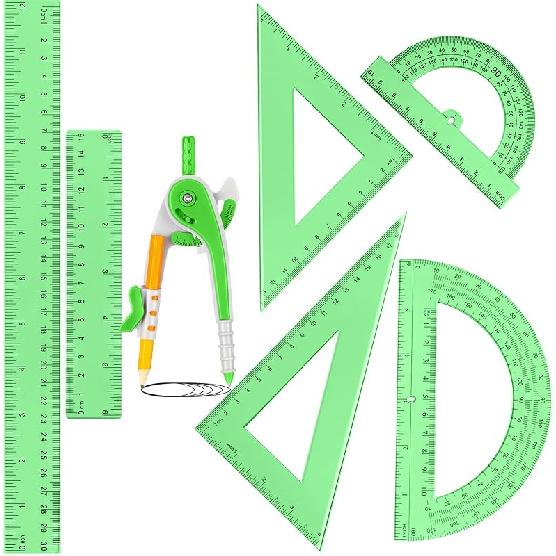 Zonon 1 Set Plastic Geometry Math Set 7 Pcs Includes 6'' / 4 '' Protractor, Drawing Compass, 45/60 Degree Triangle Rulers, 12'' / 6'' Math Ruler