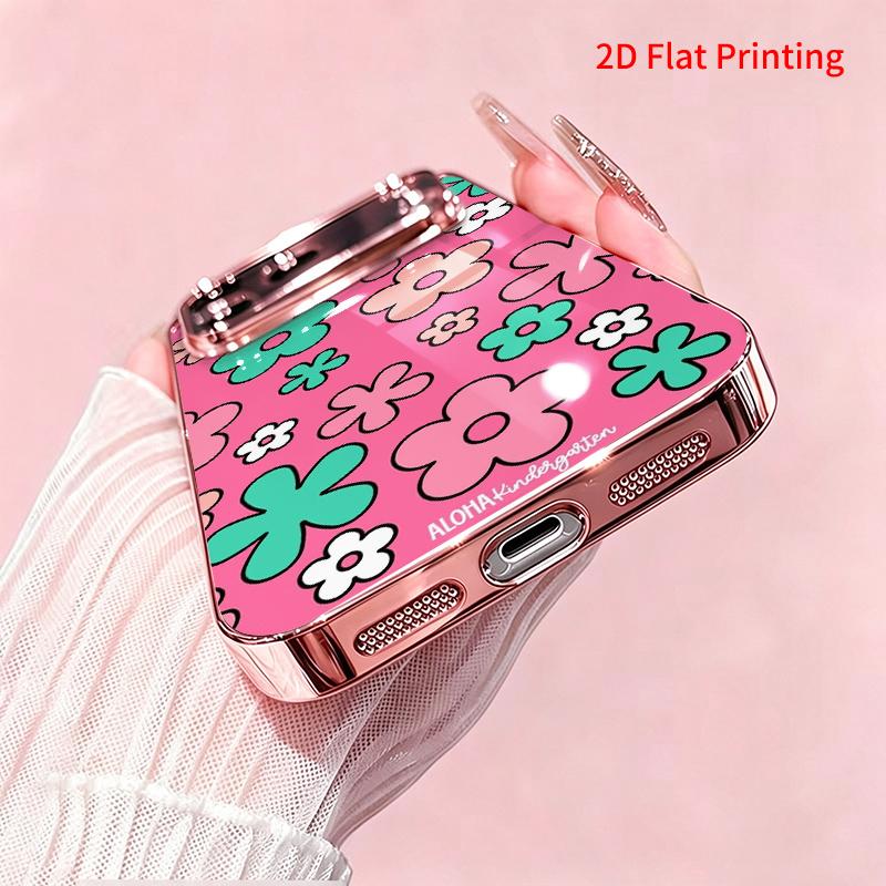 2DFlat electroplated tempered glass phone case,Pink Background with Teal,and Peach Flowers,suitable for iPhone 18 Pro Max 17 16 15 14 13 12 11