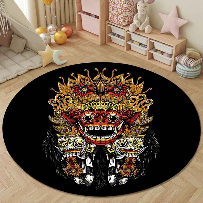 Bohemian Round Christmas Multicolor Carpet, Non-Slip Floor Mat for Office