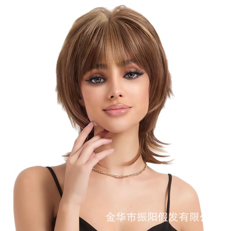 Brown Ombre Layered Pixie Cut Synthetic Wig With Air Bangs Women Heat Resistant Fiber Full Cap