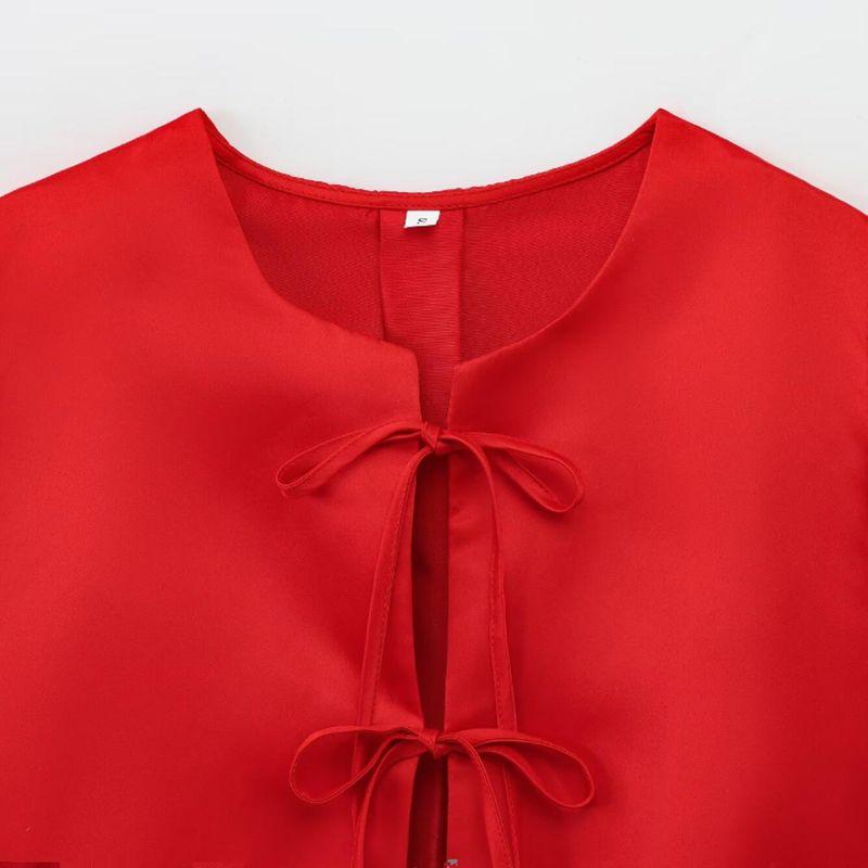 Kaslead New Arrival Women's Fashion Style Fashion Satin Puff Sleeves Bows Short Top