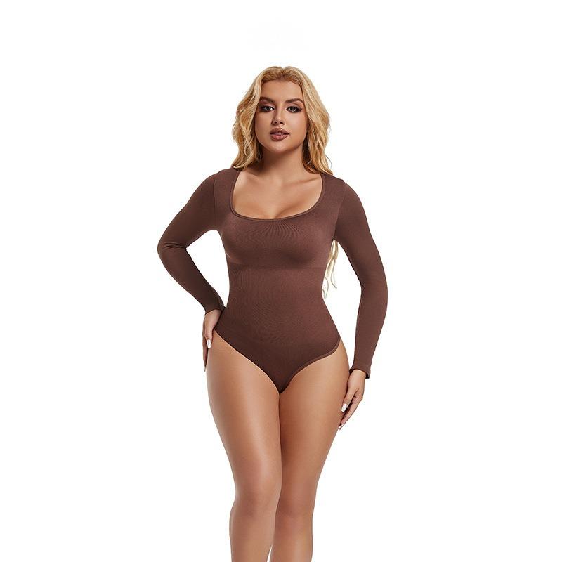 Nahtloser Square Neck Langarm Tummy Control Po-Lifting Taillenraffender Bodysuit Formwäsche