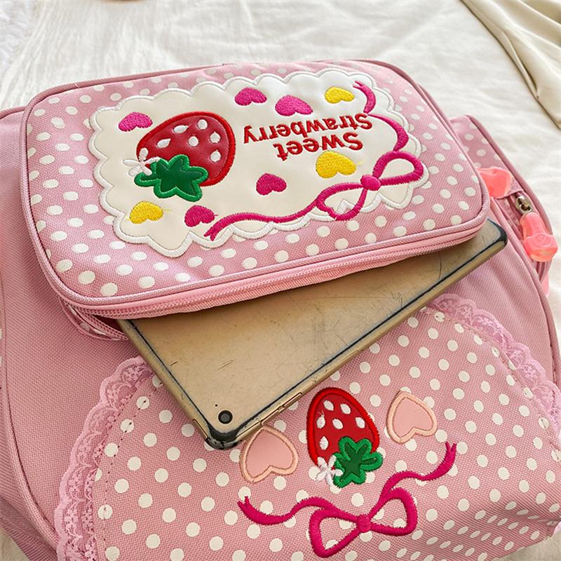 Mochila Escolar Kawaii para Crianças Bordado de Morango Fofo Mochila de Estudante Bolinhas Múltiplos Bolsos Nylon Moda Faculdade Para Menina Adolescente