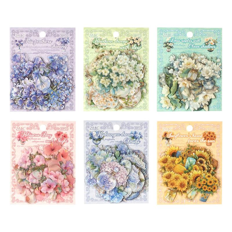 30-Piece Vase with Flower Theme Stickers Various Vases Colorful Blooms, Self-Adhesive for Journal Decoration DIY Crafts