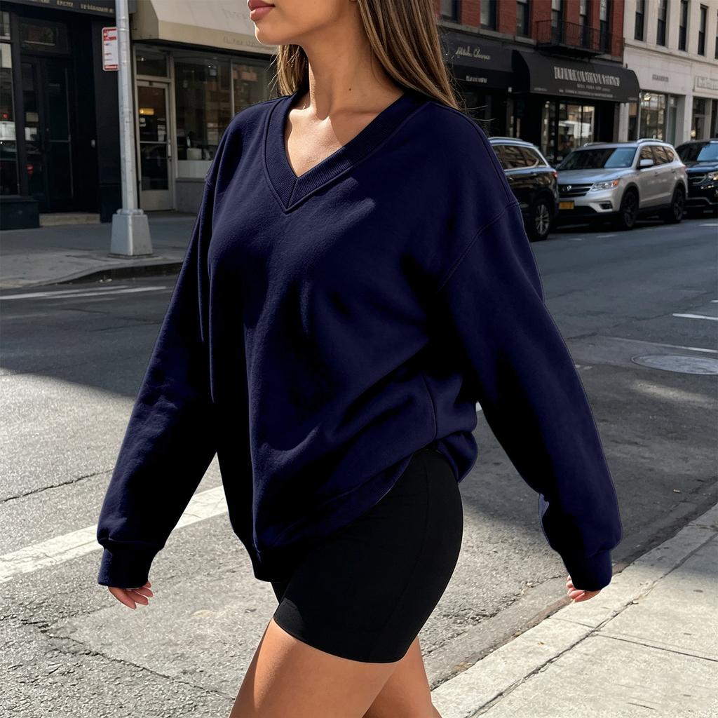 Women's V-Neck Long Sleeve Sweatshirt Casual Color Pullover
