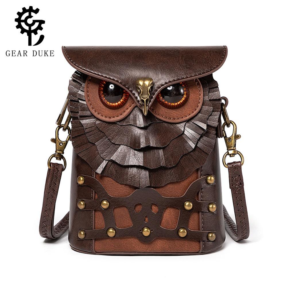 Zomer Nieuwe Persoonlijkheid Uil Telefoon Tas Steampunk Retro Cool Tandwiel Wiel MINI Portemonnee Premium PU Klinknagel Schouder Diagonaal Straddle Tas voor Mannen en Vrouwen