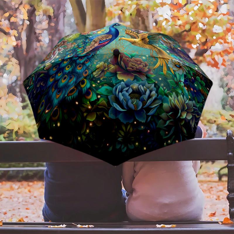 Peacock and Golden Bird Among Flowers Printed umbrella windproof folding umbrella portable sun and rain umbrella suitable for gifting