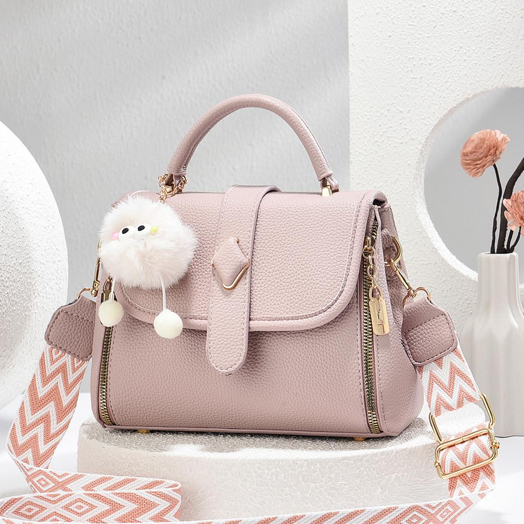 Simple Solid Color Lychee Texture Women Casual Shoulder Bag Pendant With