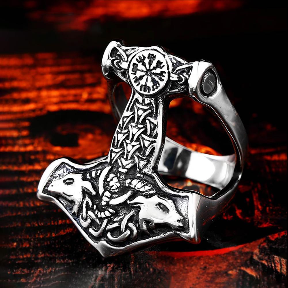 Vintage Viking Thor's Hammer Ring Mens Nordic Odin Rune Ring Stainless Steel Jewelry Biker Amulet Gift Wholesale