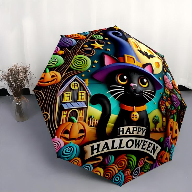 1pc Halloween Cat Auto Folding Umbrella, Sturdy And Durable Automatic Folding Umbrella with 8 Ribs, Convenient for Outdoor Use136
